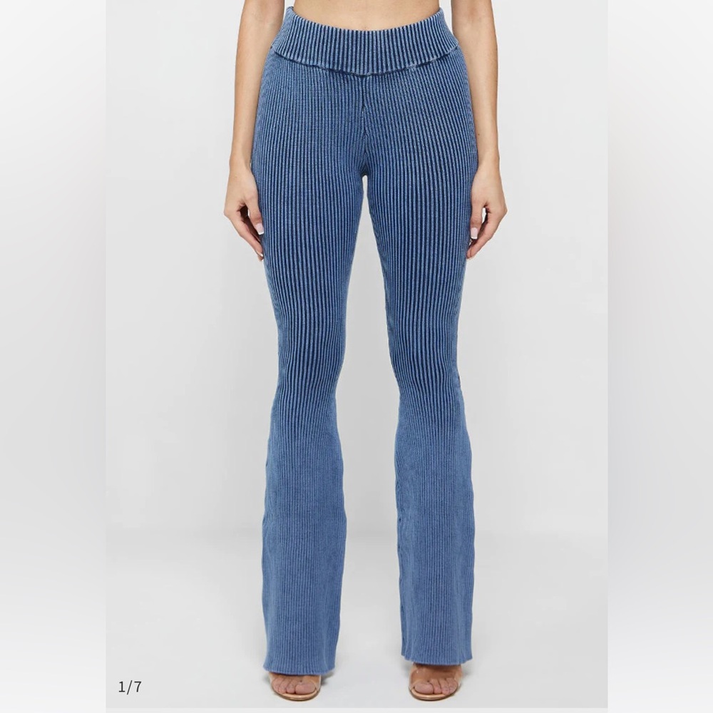 Maniere De Voir KNITTED HIGH WAISTED FLARED TROUSERS - WASHED BLUE